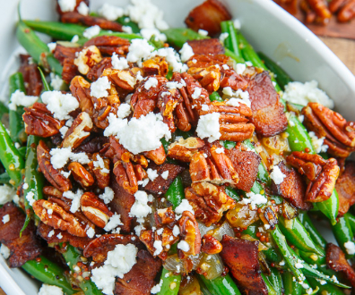 Honey Dijon Green Beans with Bacon, Candied Pecans and Goat Cheese